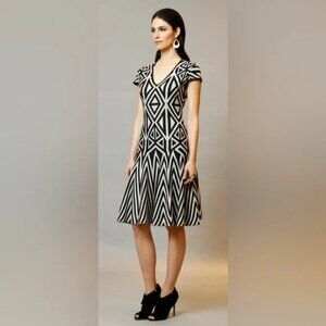 St John Geometric Knit Fit & Flare Dress Women's 4 Black White Luxury